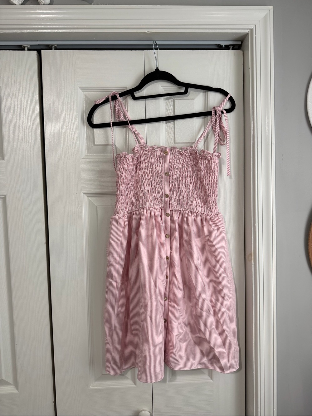 Pink Striped Seersucker Striped Smocked Tie-Shoulder Mini Babydoll Style Dress